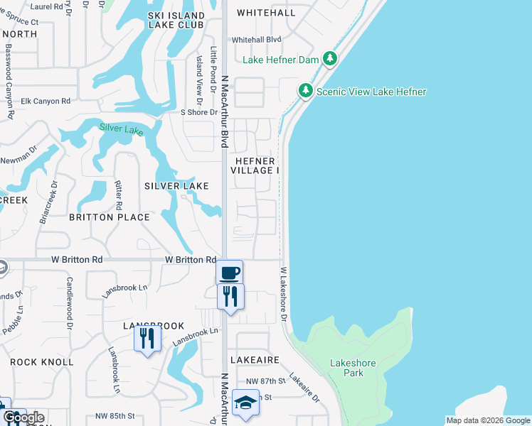 map of restaurants, bars, coffee shops, grocery stores, and more near 9714 Hefner Village Boulevard in Oklahoma City