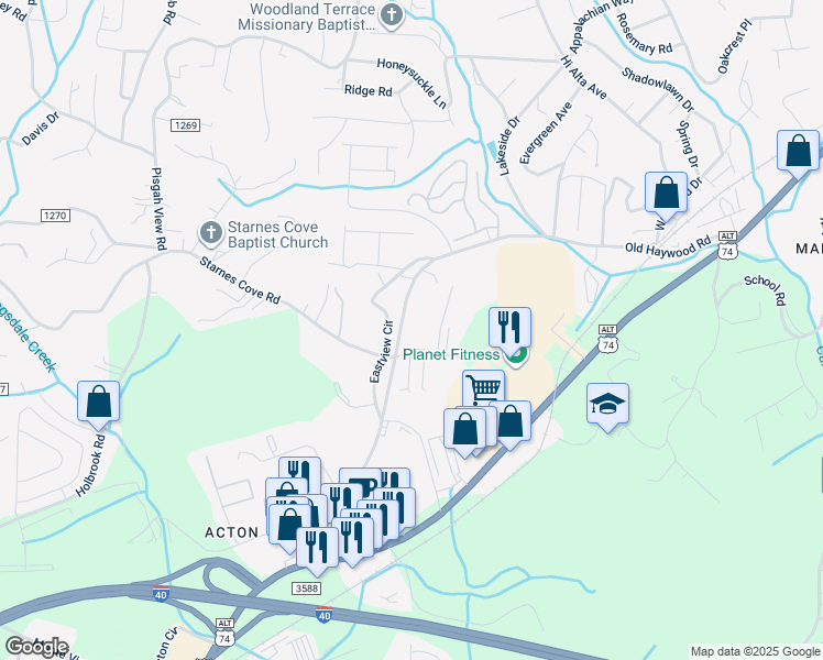 map of restaurants, bars, coffee shops, grocery stores, and more near 1840 Old Haywood Road in Asheville