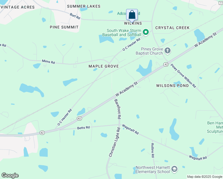 map of restaurants, bars, coffee shops, grocery stores, and more near 7712 Barefoot Road in Fuquay-Varina