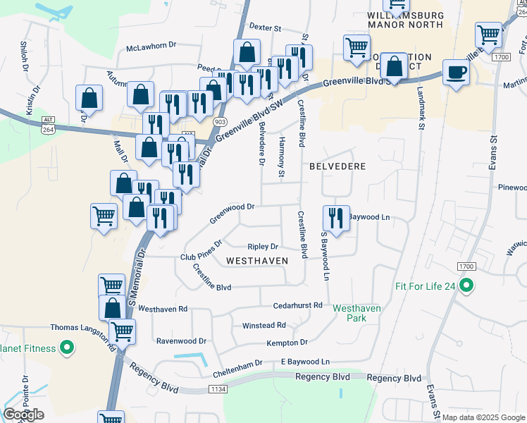 map of restaurants, bars, coffee shops, grocery stores, and more near 206 Greenwood Drive in Greenville