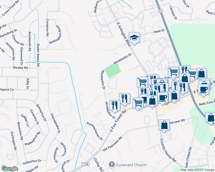 map of restaurants, bars, coffee shops, grocery stores, and more near 1650 Wimbledon Drive in Greenville
