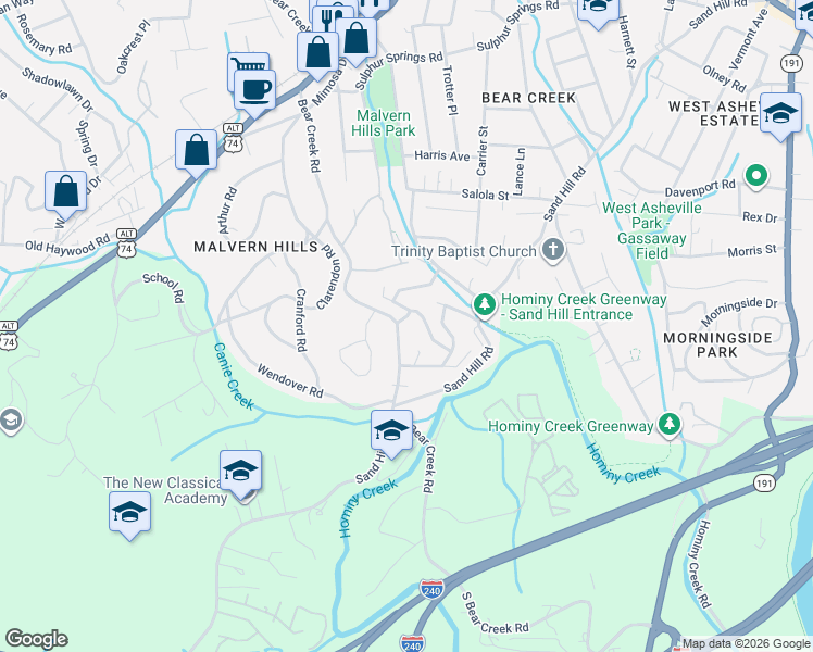 map of restaurants, bars, coffee shops, grocery stores, and more near 15 Ridgeway Drive in Asheville
