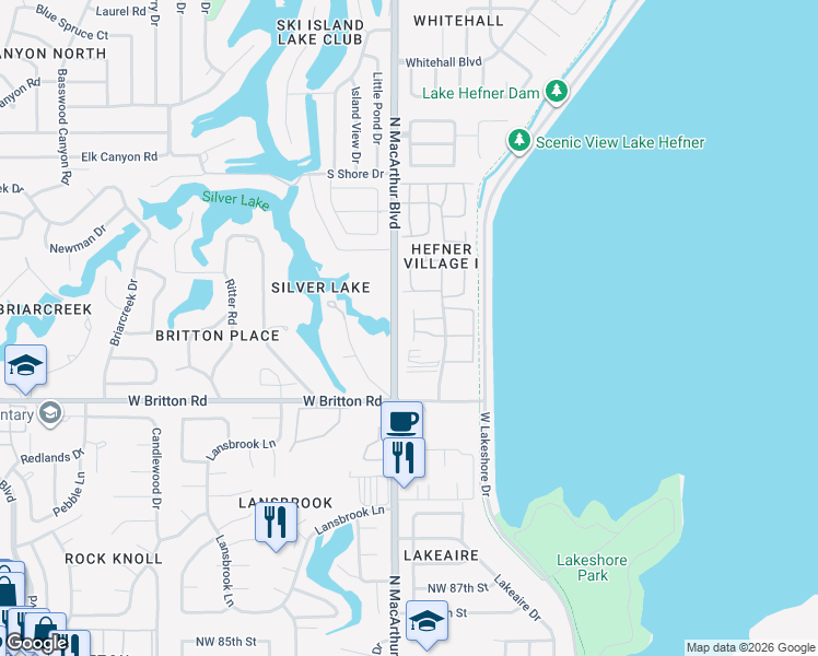 map of restaurants, bars, coffee shops, grocery stores, and more near 9733 Hefner Village Boulevard in Oklahoma City