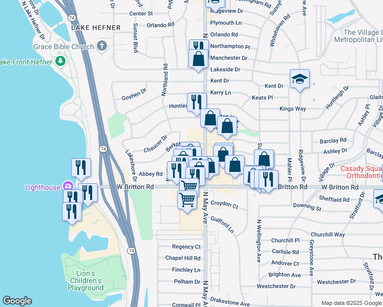 map of restaurants, bars, coffee shops, grocery stores, and more near 9536 Northland Road in The Village