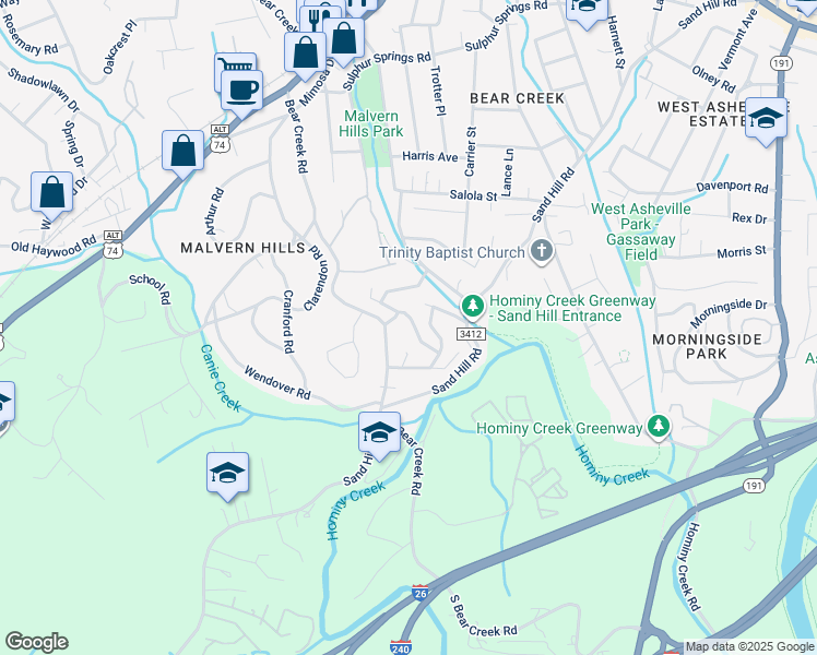 map of restaurants, bars, coffee shops, grocery stores, and more near 15 Ridgeway Drive in Asheville