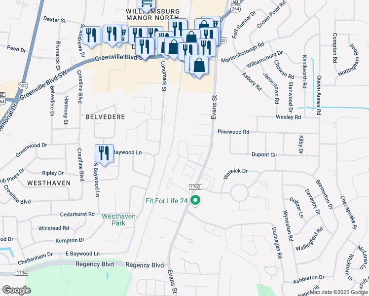 map of restaurants, bars, coffee shops, grocery stores, and more near 118 West Victoria Court in Greenville