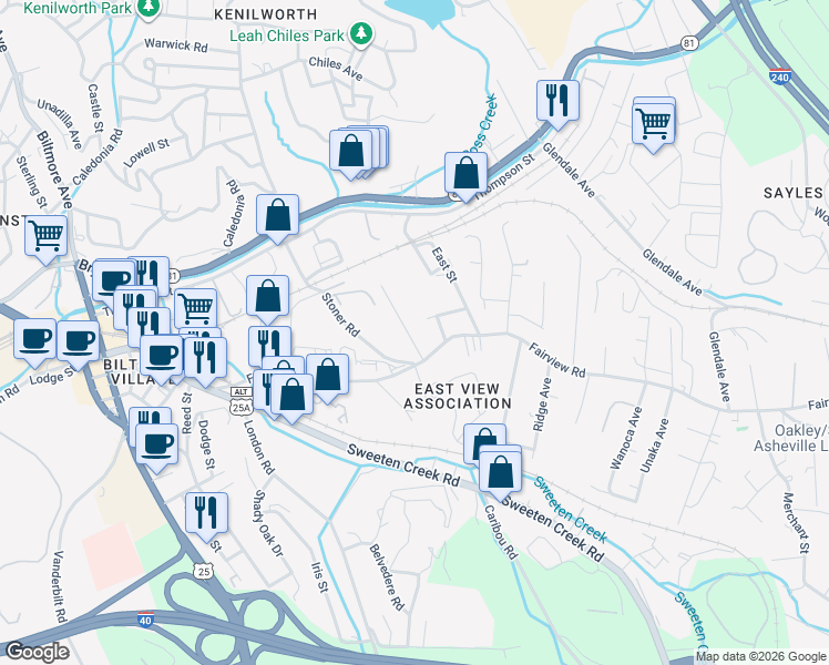 map of restaurants, bars, coffee shops, grocery stores, and more near 9 Melody Lane in Asheville