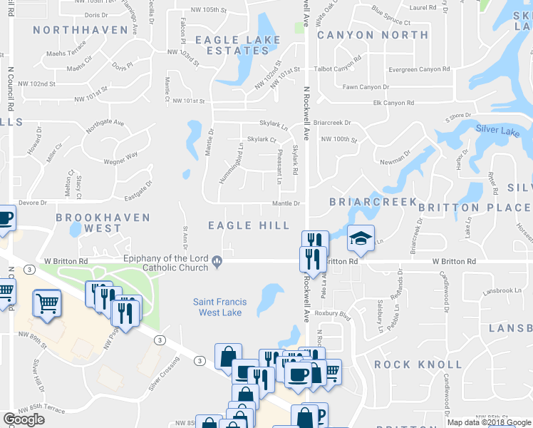 map of restaurants, bars, coffee shops, grocery stores, and more near 9608 Warringer Court in Oklahoma City