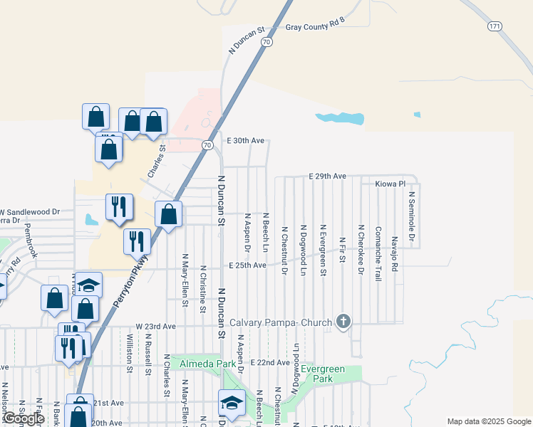 map of restaurants, bars, coffee shops, grocery stores, and more near 499 E 27th Ave in Pampa