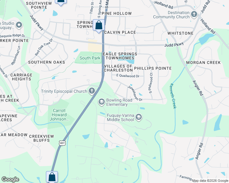 map of restaurants, bars, coffee shops, grocery stores, and more near 1021 South Main Street in Fuquay-Varina