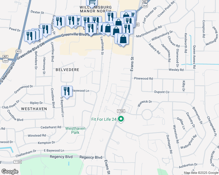 map of restaurants, bars, coffee shops, grocery stores, and more near 3313 Landmark Street in Greenville