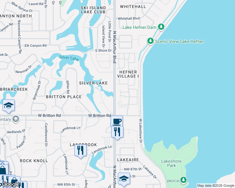 map of restaurants, bars, coffee shops, grocery stores, and more near 9733 Hefner Village Boulevard in Oklahoma City