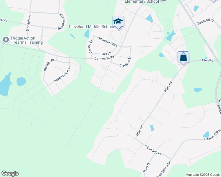 map of restaurants, bars, coffee shops, grocery stores, and more near 162 Park Place Drive in Garner