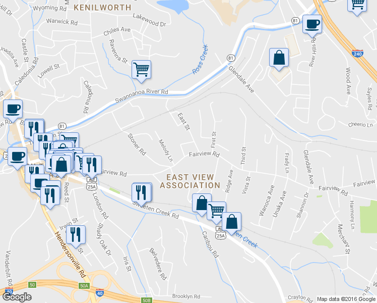 map of restaurants, bars, coffee shops, grocery stores, and more near 330 Fairview Rd in Asheville