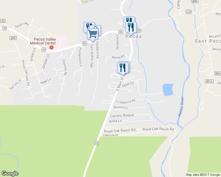 map of restaurants, bars, coffee shops, grocery stores, and more near Camino Contento in Pecos