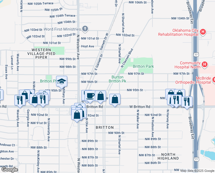 map of restaurants, bars, coffee shops, grocery stores, and more near 9611 North Shartel Avenue in Oklahoma City