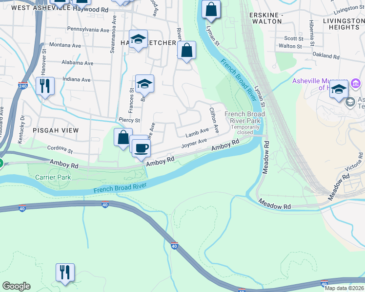 map of restaurants, bars, coffee shops, grocery stores, and more near 126 Joyner Avenue in Asheville