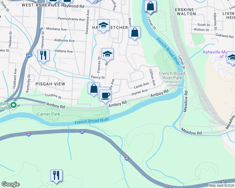 map of restaurants, bars, coffee shops, grocery stores, and more near 44 Lamb Avenue in Asheville