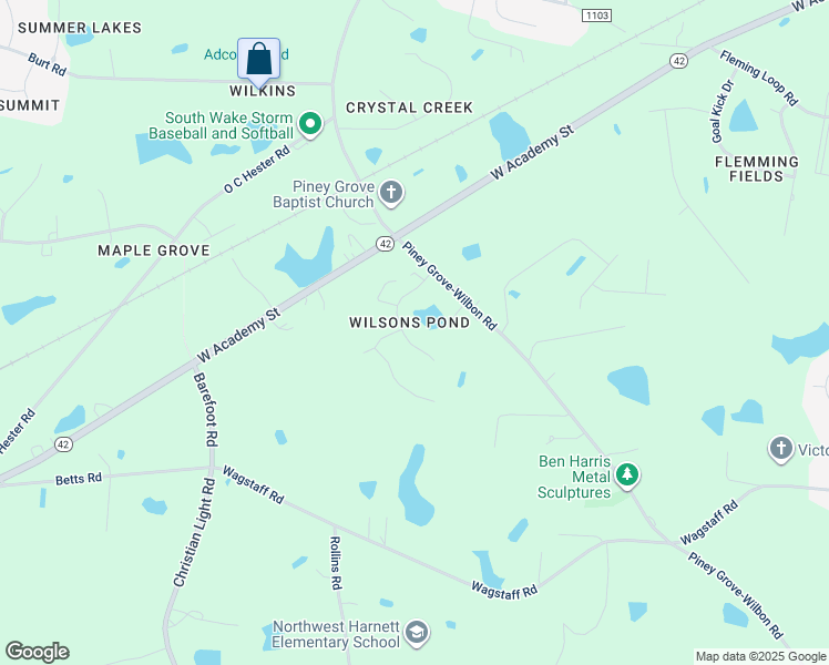 map of restaurants, bars, coffee shops, grocery stores, and more near 7901 Wilson Pond Lane in Fuquay Varina