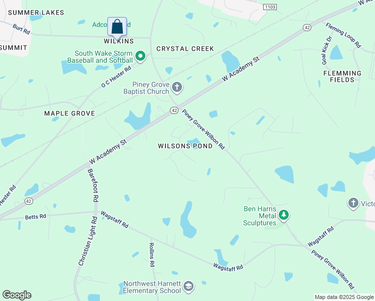 map of restaurants, bars, coffee shops, grocery stores, and more near 7901 Wilson Pond Lane in Fuquay Varina