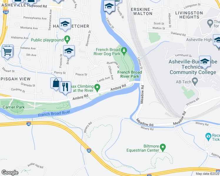 map of restaurants, bars, coffee shops, grocery stores, and more near 8 Upstream Way in Asheville