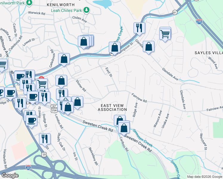 map of restaurants, bars, coffee shops, grocery stores, and more near 330 Fairview Road in Asheville