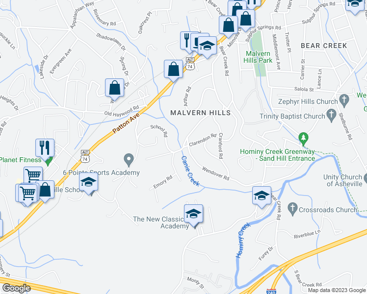 map of restaurants, bars, coffee shops, grocery stores, and more near 299 School Road in Asheville