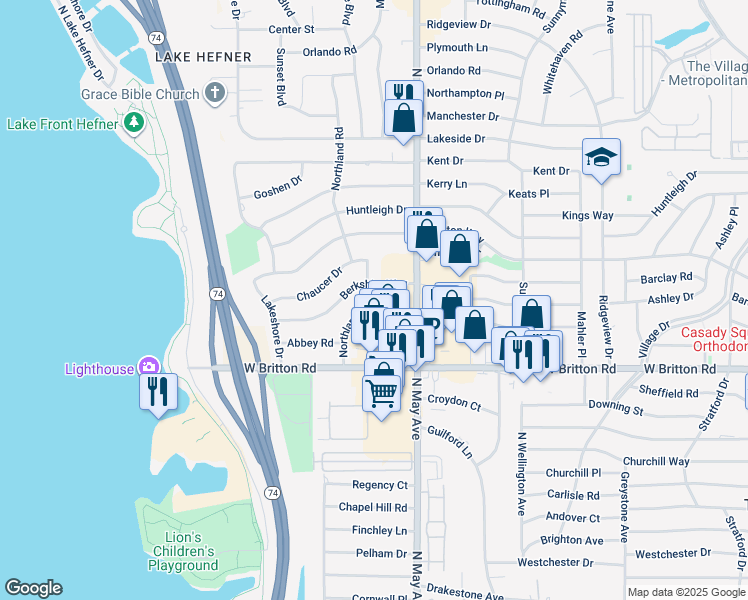 map of restaurants, bars, coffee shops, grocery stores, and more near 9536 Northland Road in The Village