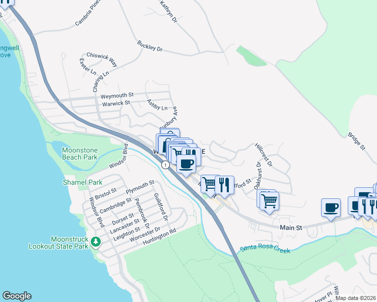 map of restaurants, bars, coffee shops, grocery stores, and more near 798 Arlington Street in Cambria