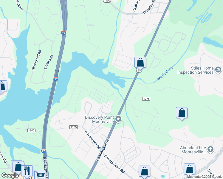 map of restaurants, bars, coffee shops, grocery stores, and more near 136 Huntington Lane in Mooresville