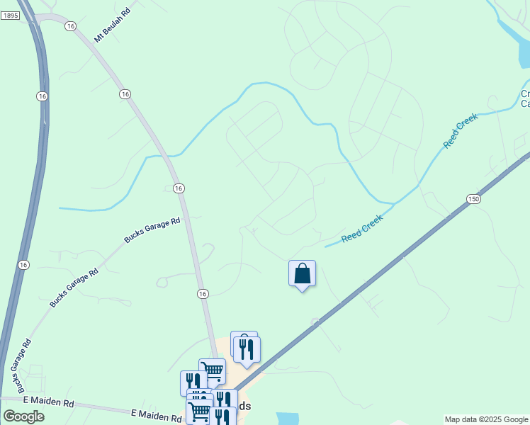 map of restaurants, bars, coffee shops, grocery stores, and more near 5682 Woebegone Trail in Maiden