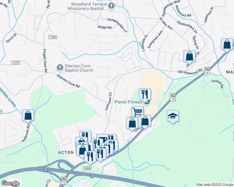 map of restaurants, bars, coffee shops, grocery stores, and more near 1840 Old Haywood Road in Asheville