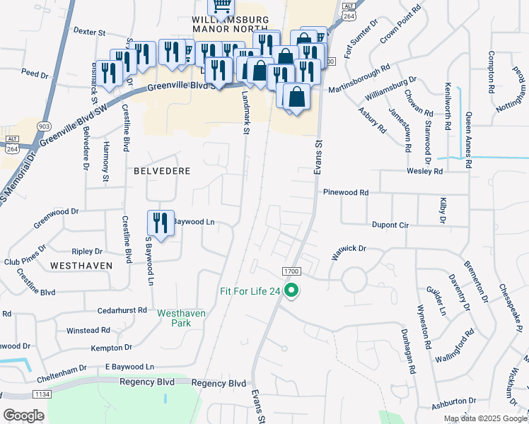 map of restaurants, bars, coffee shops, grocery stores, and more near 128 West Victoria Court in Greenville