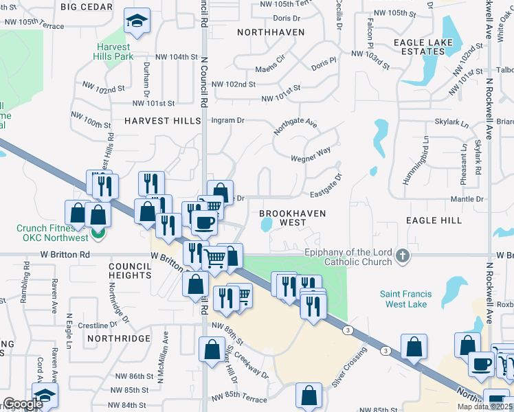 map of restaurants, bars, coffee shops, grocery stores, and more near 9524 Westgate Road in Oklahoma City