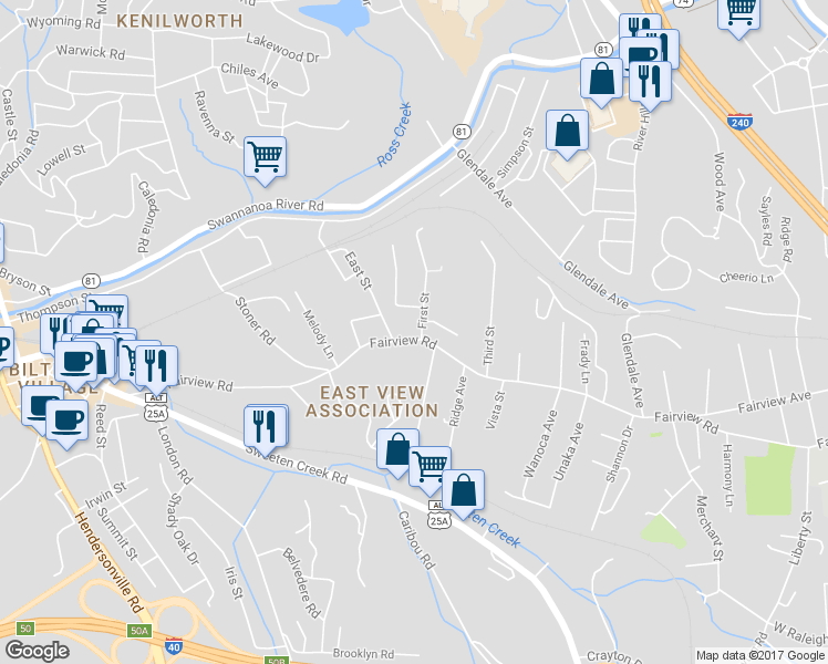 map of restaurants, bars, coffee shops, grocery stores, and more near 376 Fairview Road in Asheville