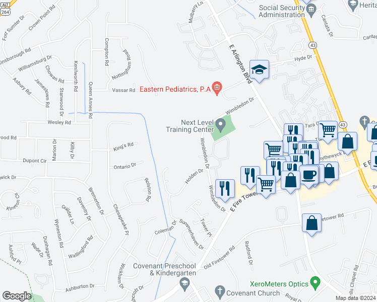 map of restaurants, bars, coffee shops, grocery stores, and more near 1655 Wimbledon Drive in Greenville