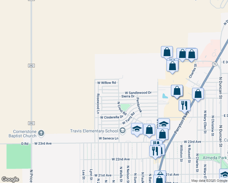 map of restaurants, bars, coffee shops, grocery stores, and more near 1107-1141 West Sandlewood Drive in Pampa