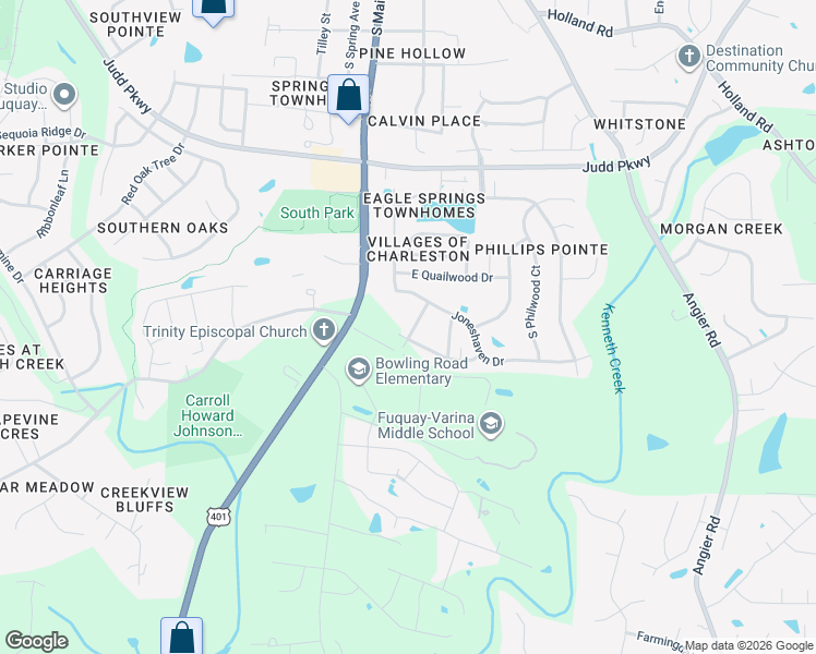 map of restaurants, bars, coffee shops, grocery stores, and more near 1021 South Main Street in Fuquay-Varina