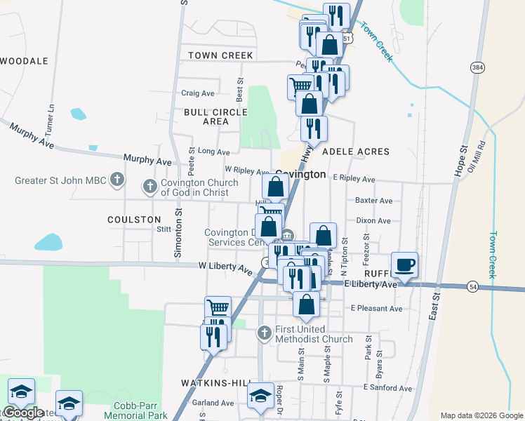 map of restaurants, bars, coffee shops, grocery stores, and more near 325 North College Street in Covington