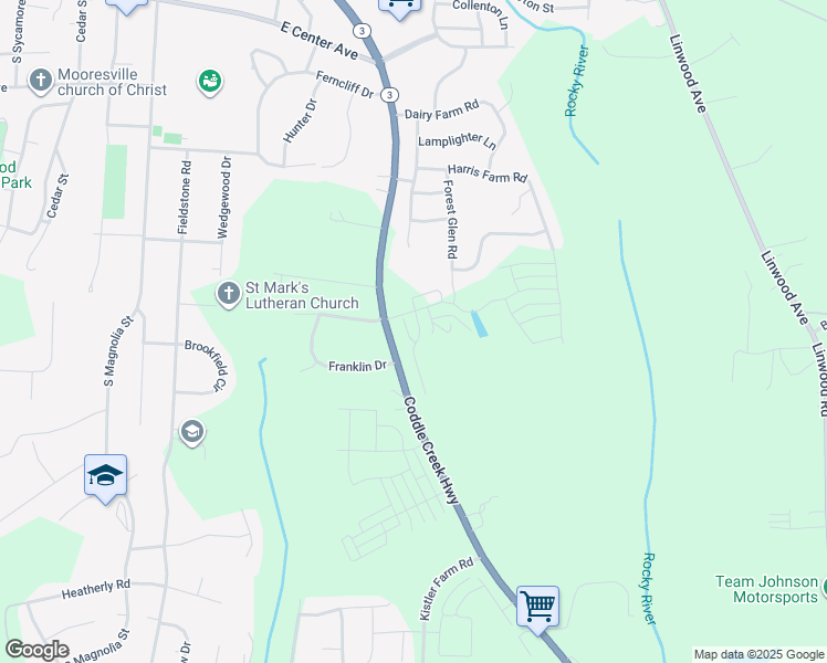 map of restaurants, bars, coffee shops, grocery stores, and more near 102 Abercorne Way in Mooresville
