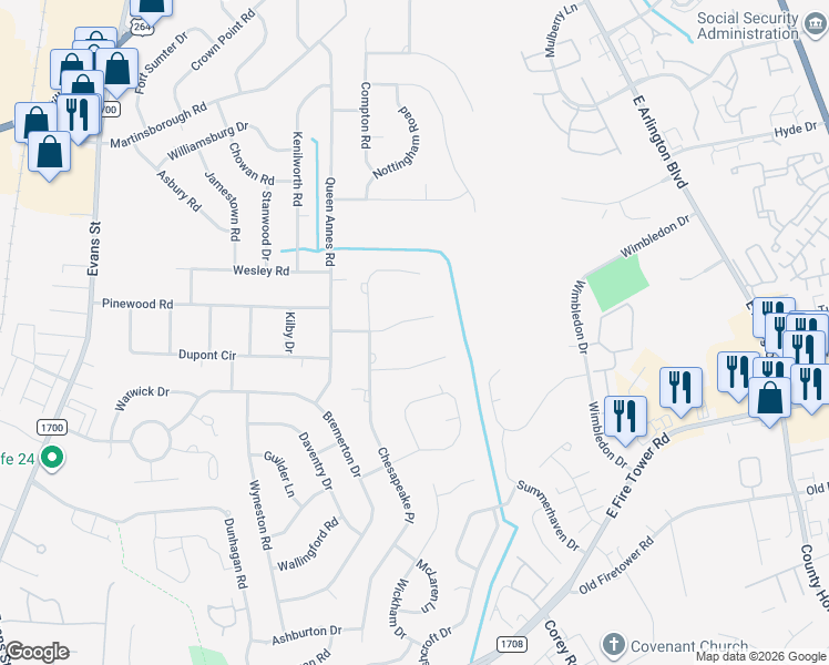 map of restaurants, bars, coffee shops, grocery stores, and more near 608 King's Road in Greenville