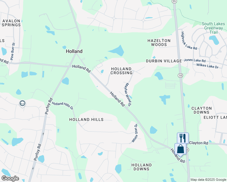 map of restaurants, bars, coffee shops, grocery stores, and more near 3417 Bennyfield Court in Fuquay-Varina