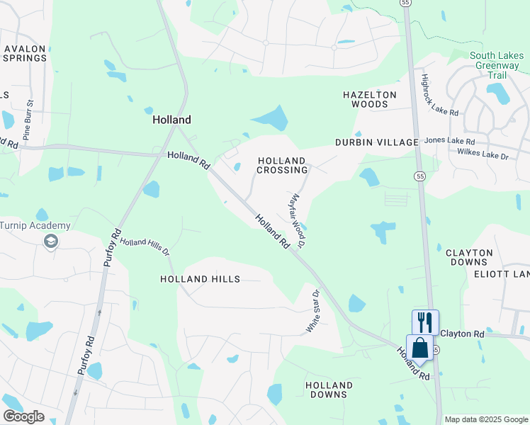 map of restaurants, bars, coffee shops, grocery stores, and more near 3417 Bennyfield Court in Fuquay-Varina