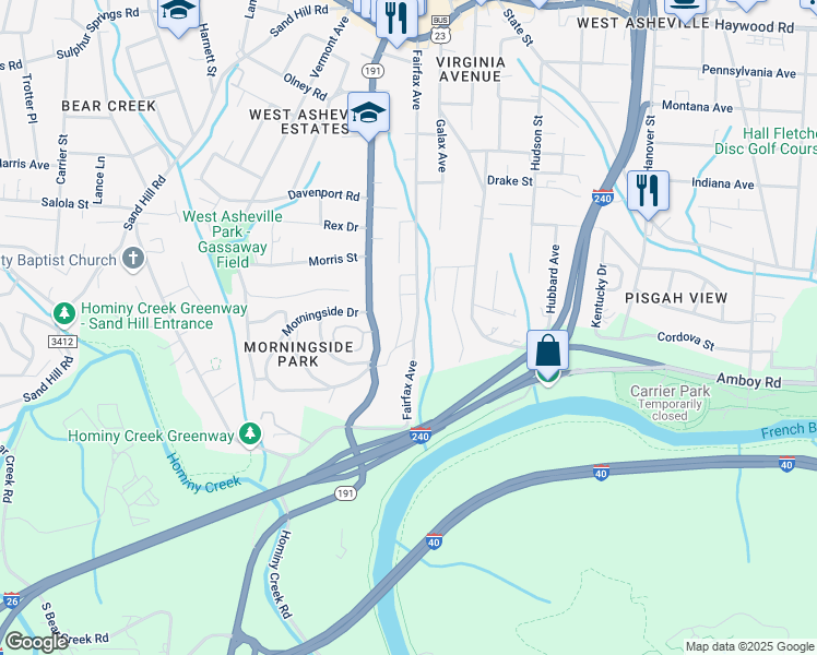 map of restaurants, bars, coffee shops, grocery stores, and more near 275 Fairfax Avenue in Asheville
