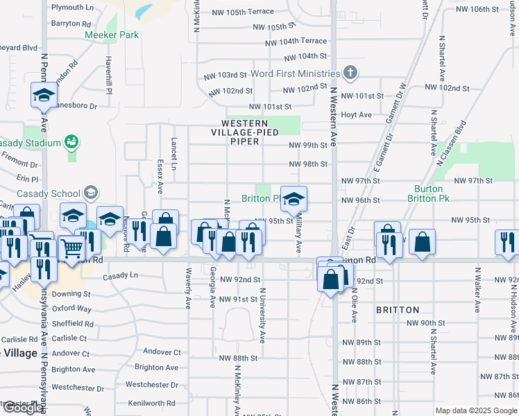 map of restaurants, bars, coffee shops, grocery stores, and more near 1300 Northwest 96th Street in Oklahoma City