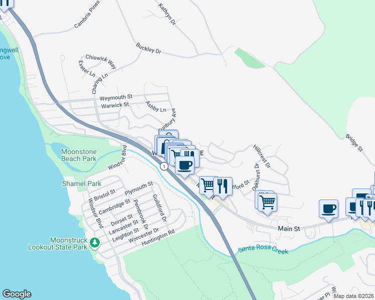 map of restaurants, bars, coffee shops, grocery stores, and more near 5521 Sunbury Avenue in Cambria