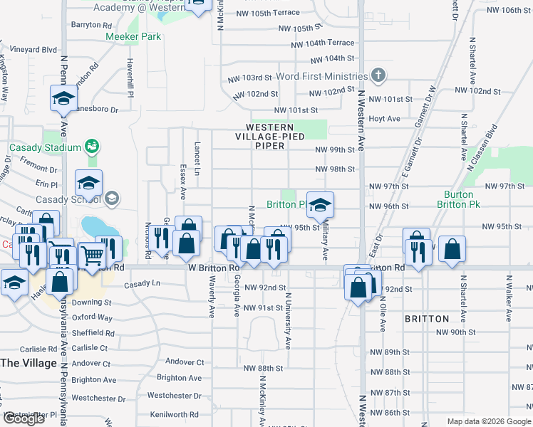 map of restaurants, bars, coffee shops, grocery stores, and more near 1337 Northwest 95th Street in Oklahoma City