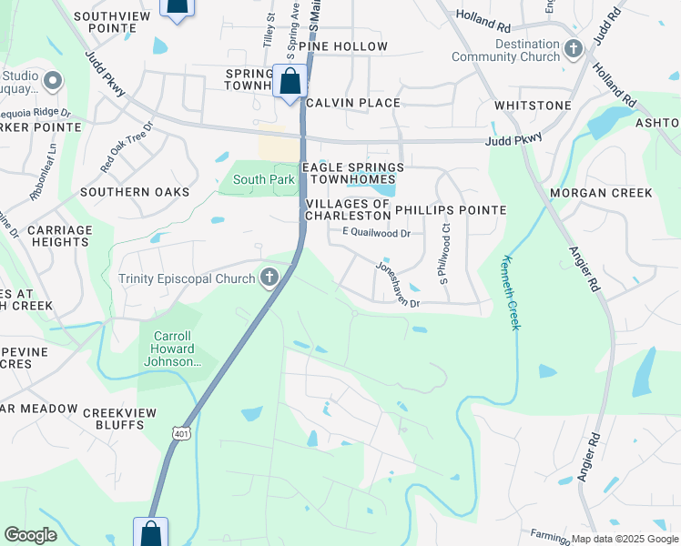map of restaurants, bars, coffee shops, grocery stores, and more near 1021 South Main Street in Fuquay-Varina