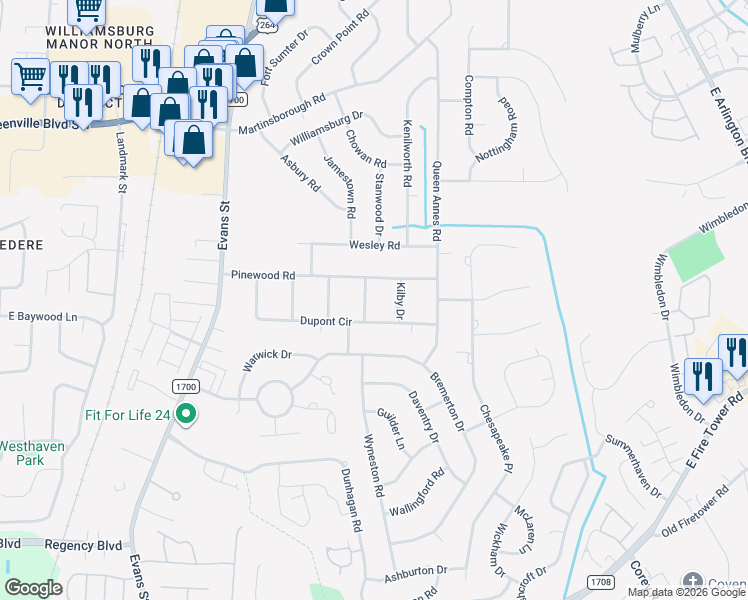 map of restaurants, bars, coffee shops, grocery stores, and more near 105 Marion Drive in Greenville