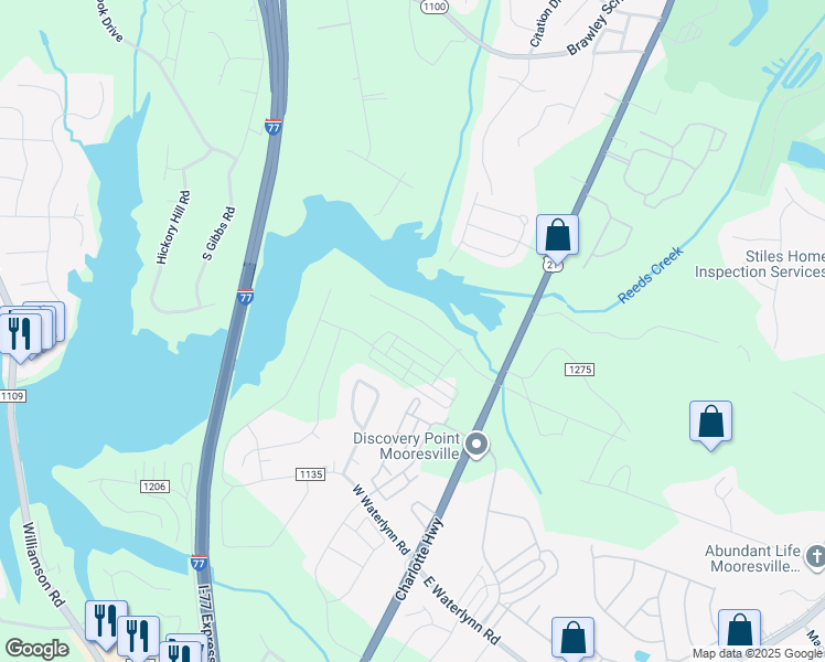 map of restaurants, bars, coffee shops, grocery stores, and more near 155 Huntington Road in Mooresville
